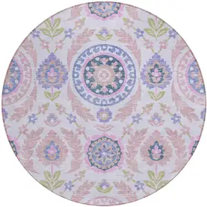 Photo of 8' Blush Lavender And Purple Round Floral Washable Indoor Outdoor Area Rug