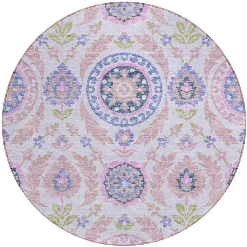 8' Blush Lavender And Purple Round Floral Washable Indoor Outdoor Area Rug Photo 1