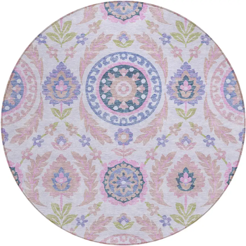 8' Blush Lavender And Purple Round Floral Washable Indoor Outdoor Area Rug Photo 1