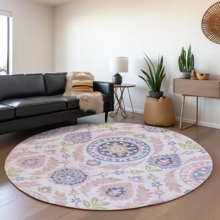 8' Blush Lavender And Purple Round Floral Washable Indoor Outdoor Area Rug Photo 7