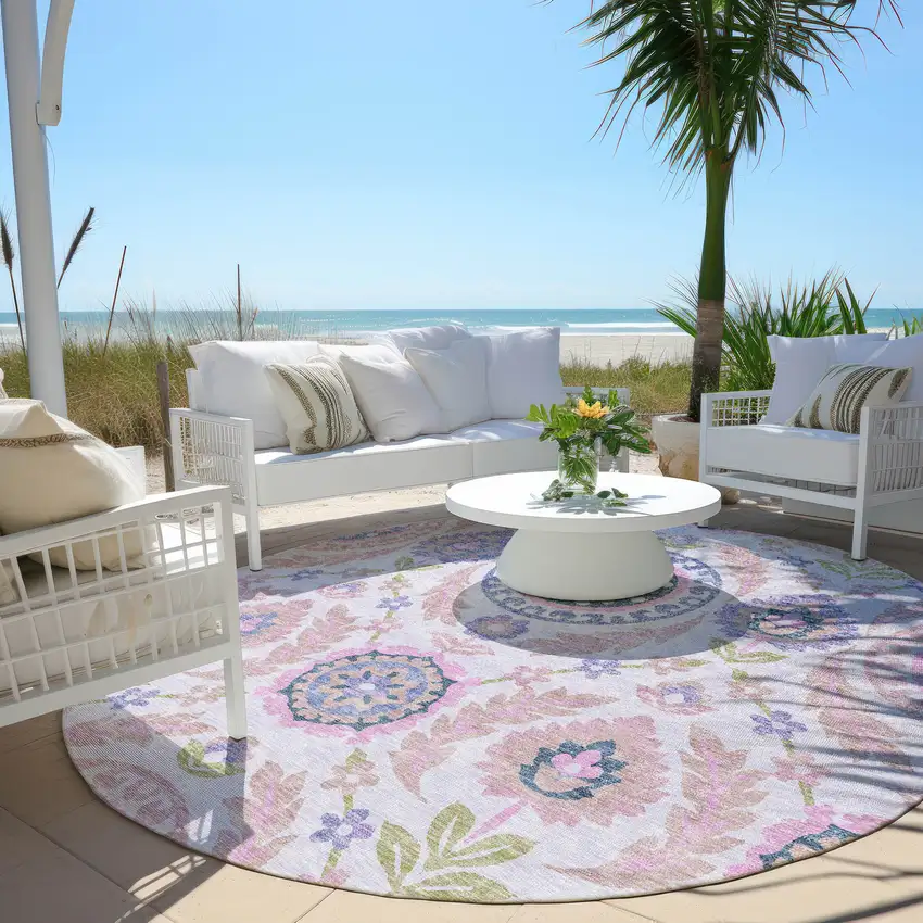 8' Blush Lavender And Purple Round Floral Washable Indoor Outdoor Area Rug Photo 6