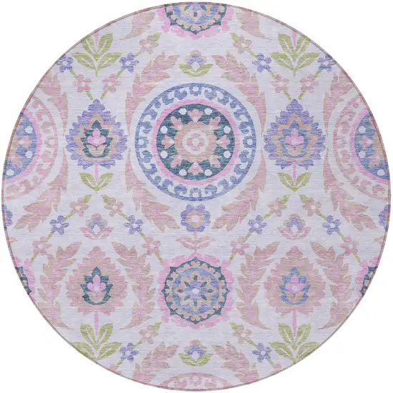 8' Blush Lavender And Purple Round Floral Washable Indoor Outdoor Area Rug Photo 5