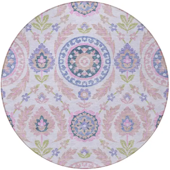 8' Blush Lavender And Purple Round Floral Washable Indoor Outdoor Area Rug Photo 5