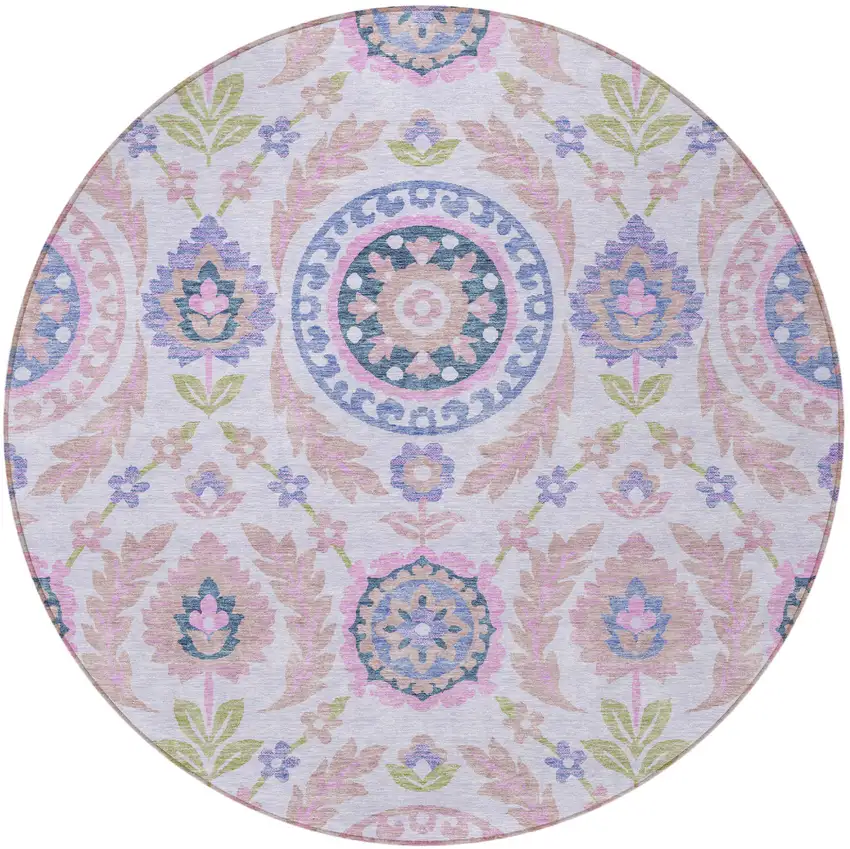 8' Blush Lavender And Purple Round Floral Washable Indoor Outdoor Area Rug Photo 5