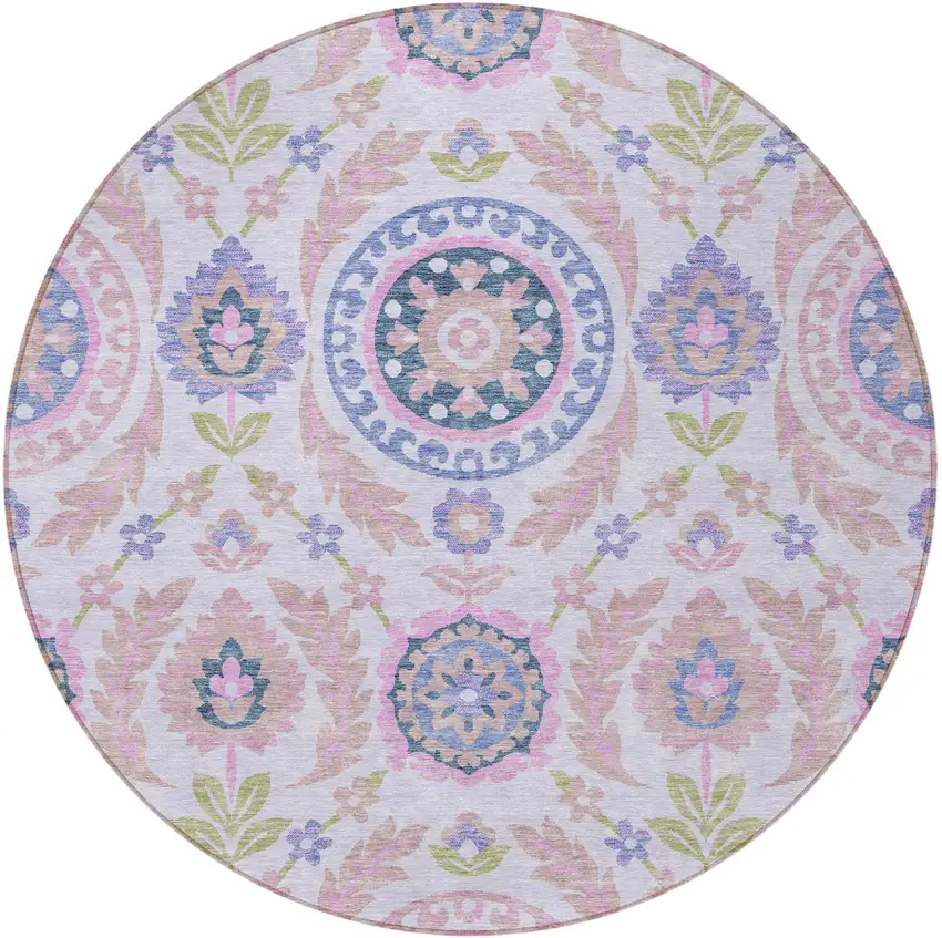 8' Blush Lavender And Purple Round Floral Washable Indoor Outdoor Area Rug Photo 5