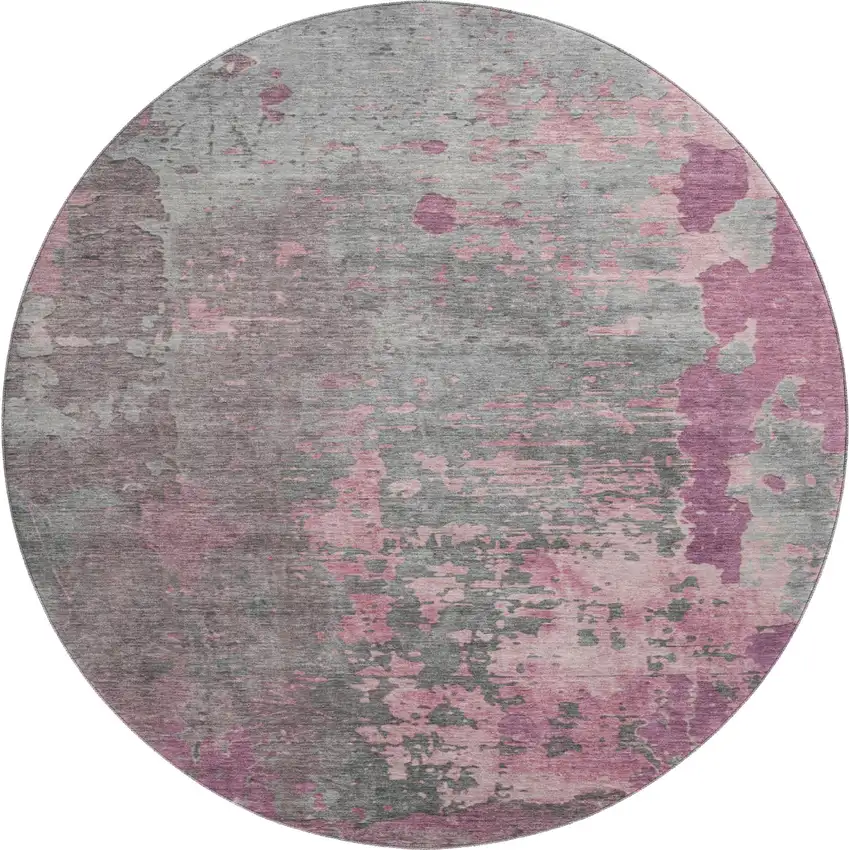 8' Blush Mauve And Gray Abstract Washable Round Rug With UV Protection Photo 1