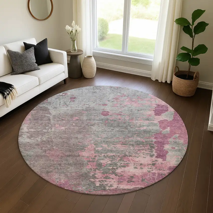 8' Blush Mauve And Gray Abstract Washable Round Rug With UV Protection Photo 4