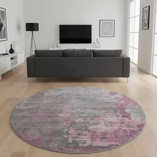 8' Blush Mauve And Gray Abstract Washable Round Rug With UV Protection Photo 2