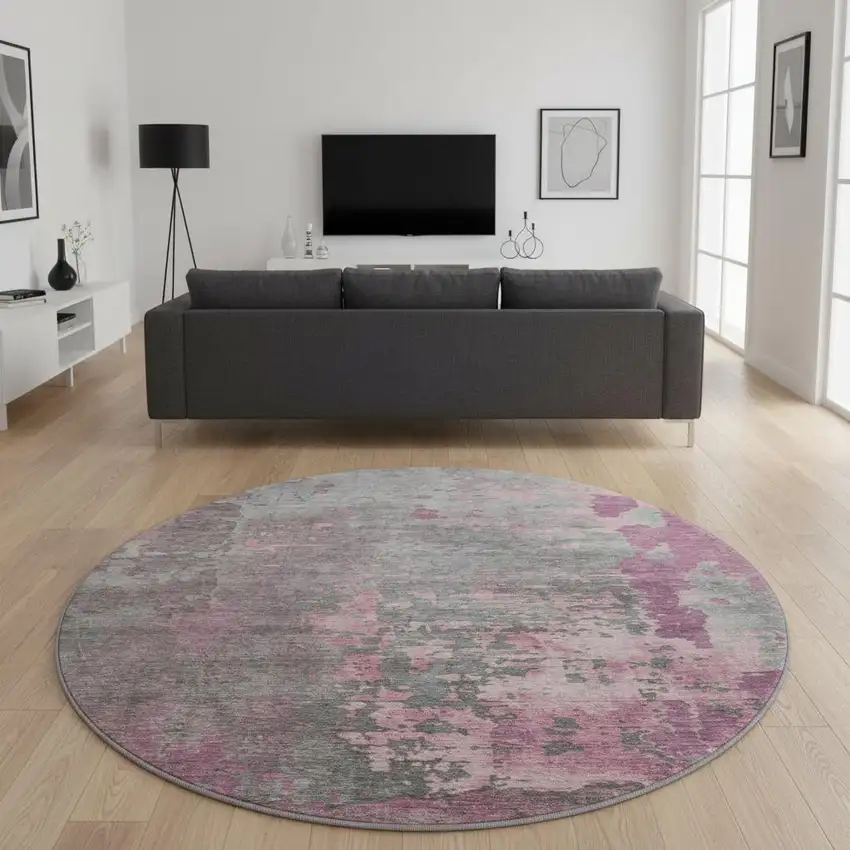 8' Blush Mauve And Gray Abstract Washable Round Rug With UV Protection Photo 2