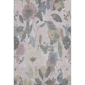 Photo of 8' Blush Mauve And Gray Floral Washable Area Rug With UV Protection