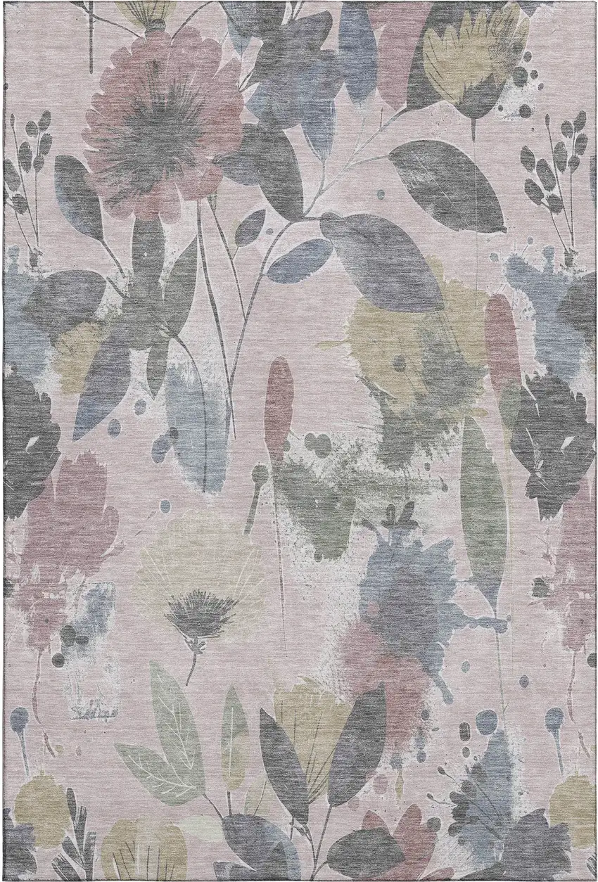 8' Blush Mauve And Gray Floral Washable Area Rug With UV Protection Photo 1