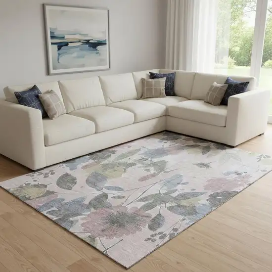8' Blush Mauve And Gray Floral Washable Area Rug With UV Protection Photo 2