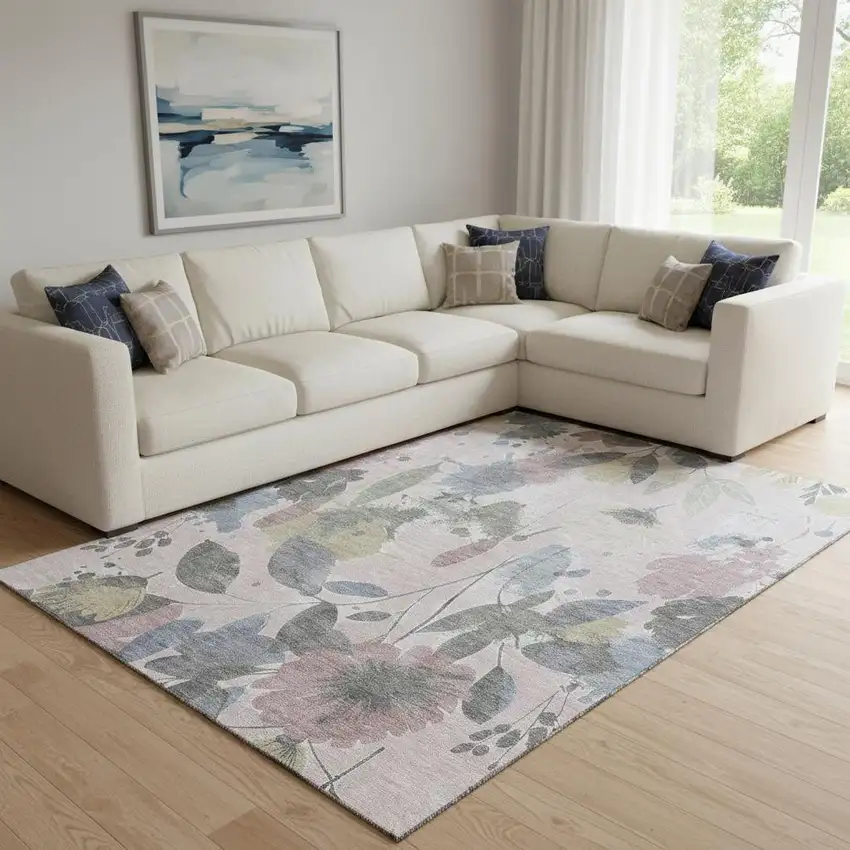 8' Blush Mauve And Gray Floral Washable Area Rug With UV Protection Photo 2