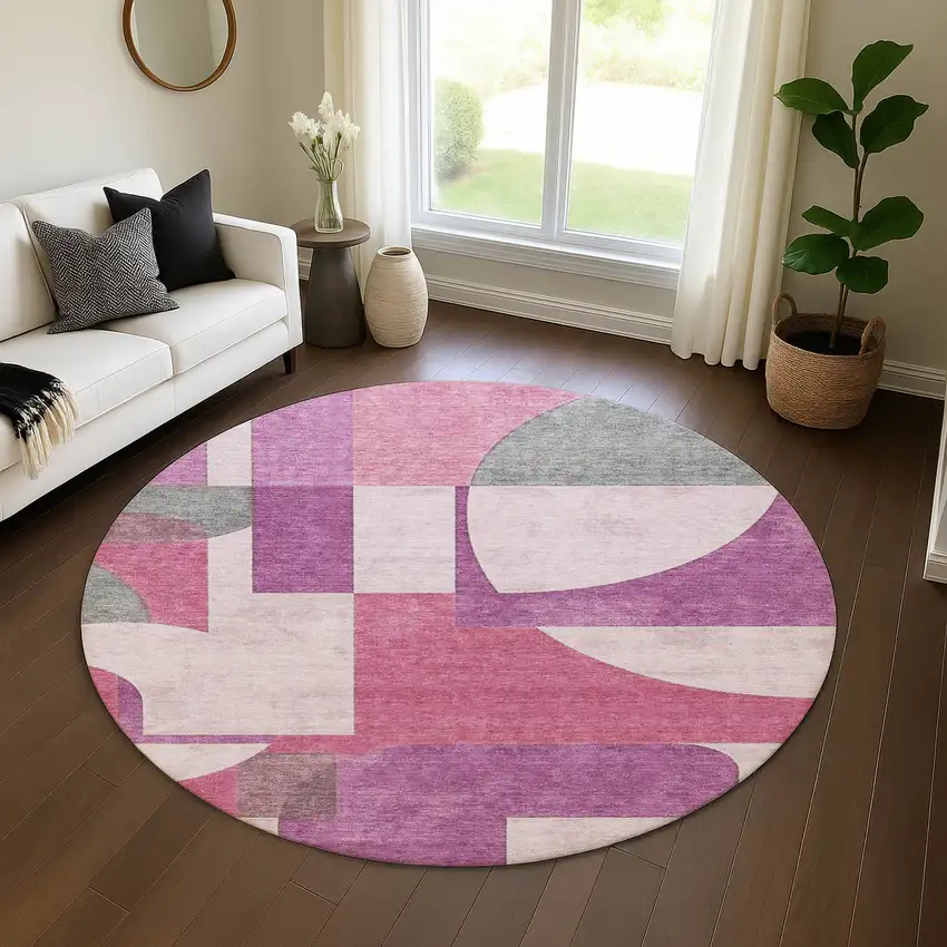 8' Blush Mauve And Ivory Abstract Geometric Washable Round Rug With UV Protection Photo 4