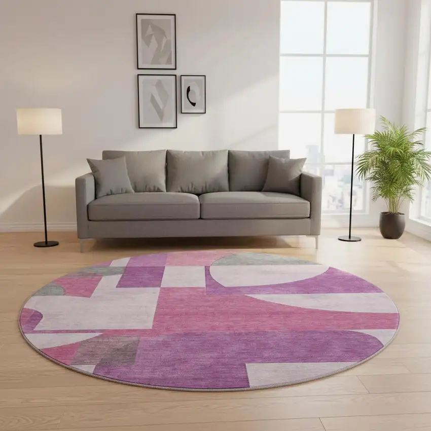 8' Blush Mauve And Ivory Abstract Geometric Washable Round Rug With UV Protection Photo 2