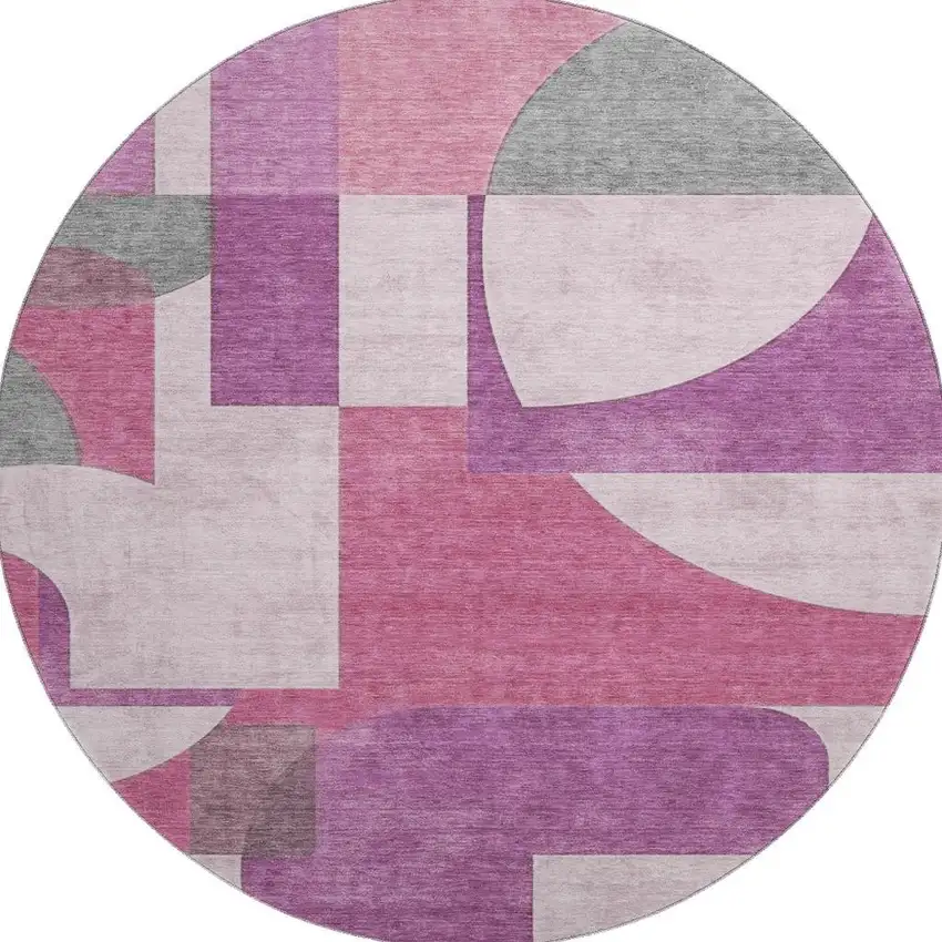 8' Blush Mauve And Ivory Abstract Geometric Washable Round Rug With UV Protection Photo 3