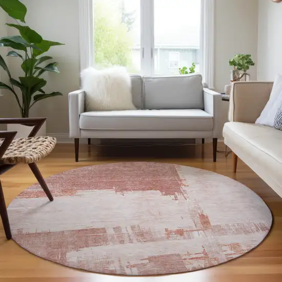 8' Blush Mauve And Ivory Round Abstract Washable Indoor Outdoor Area Rug Photo 6