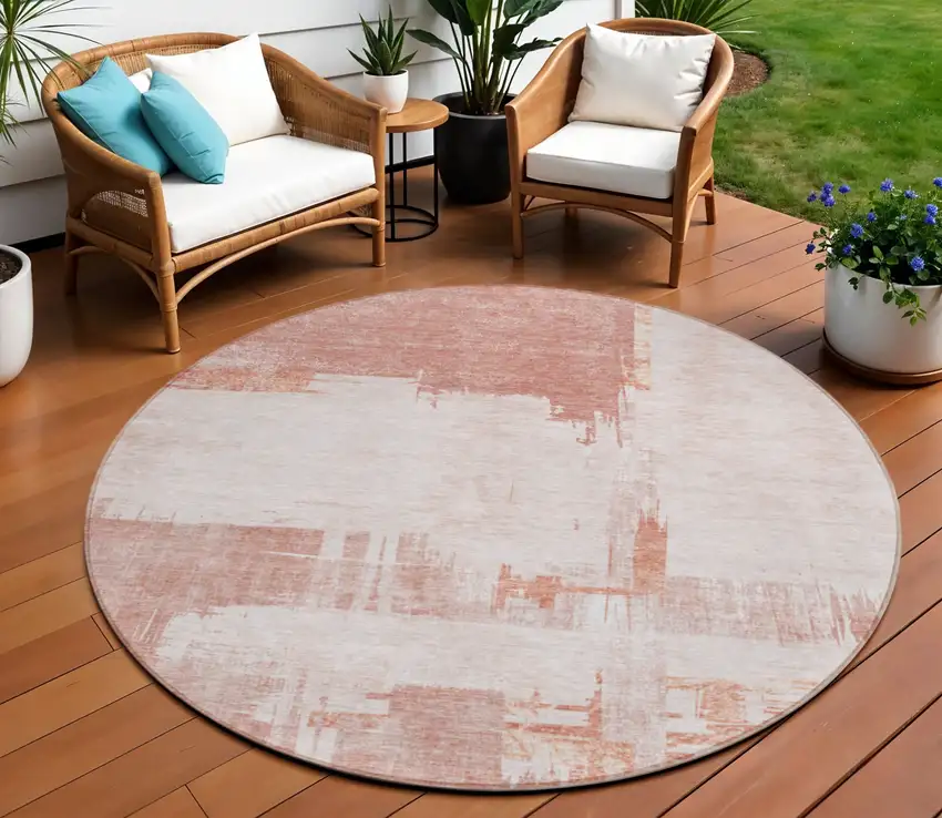 8' Blush Mauve And Ivory Round Abstract Washable Indoor Outdoor Area Rug Photo 1