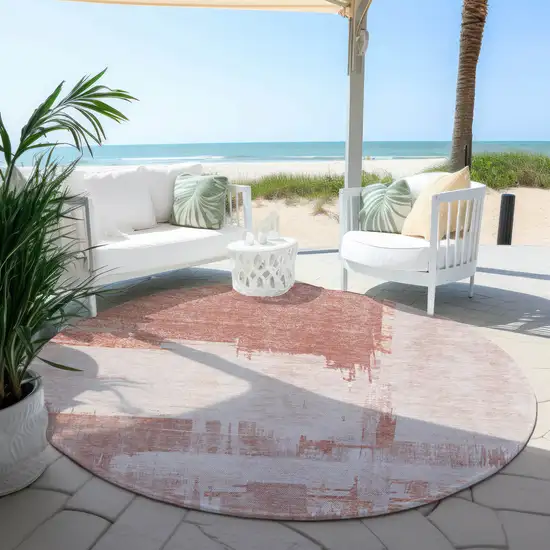 8' Blush Mauve And Ivory Round Abstract Washable Indoor Outdoor Area Rug Photo 5