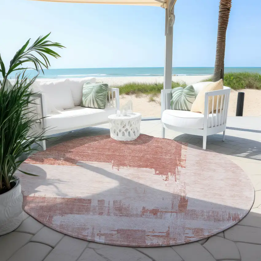8' Blush Mauve And Ivory Round Abstract Washable Indoor Outdoor Area Rug Photo 5