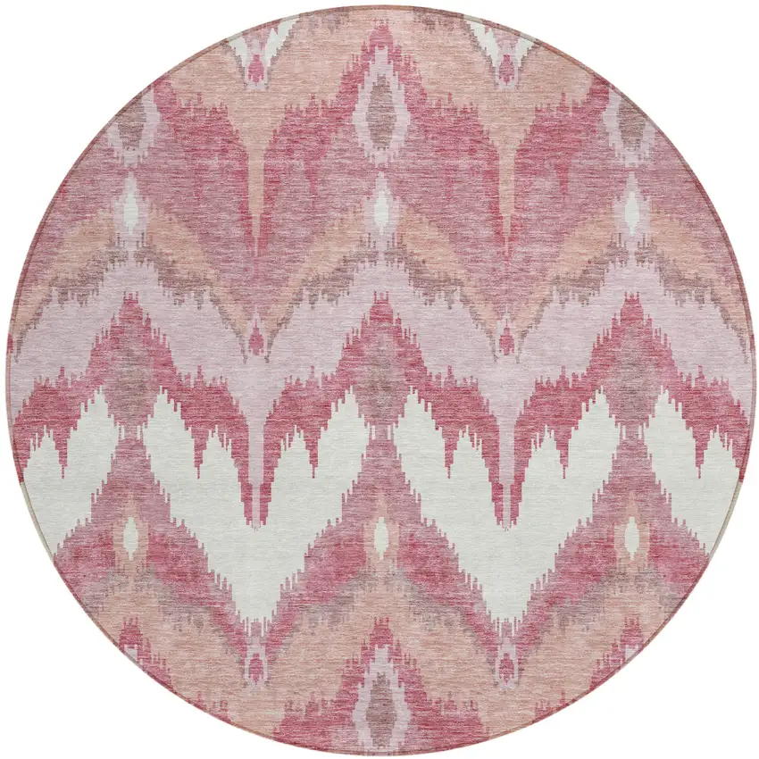 8' Blush Mauve And Ivory Round Ikat Washable Indoor Outdoor Area Rug Photo 1