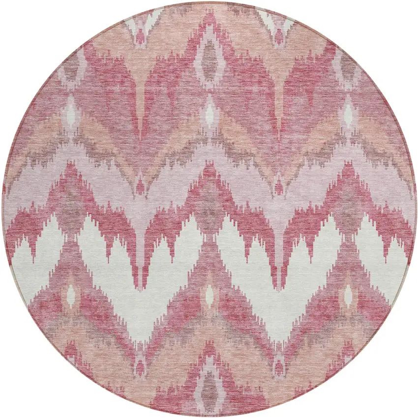 8' Blush Mauve And Ivory Round Ikat Washable Indoor Outdoor Area Rug Photo 1