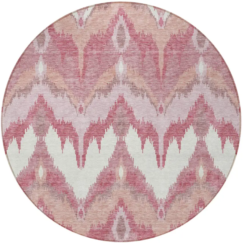 8' Blush Mauve And Ivory Round Ikat Washable Indoor Outdoor Area Rug Photo 6