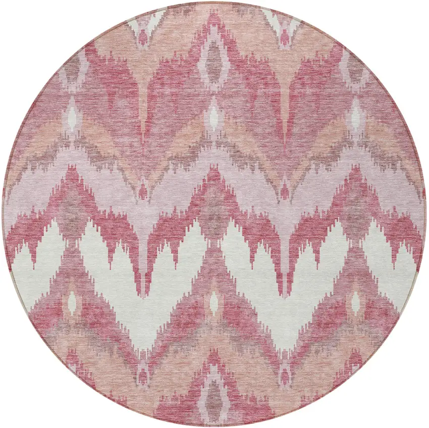8' Blush Mauve And Ivory Round Ikat Washable Indoor Outdoor Area Rug Photo 6