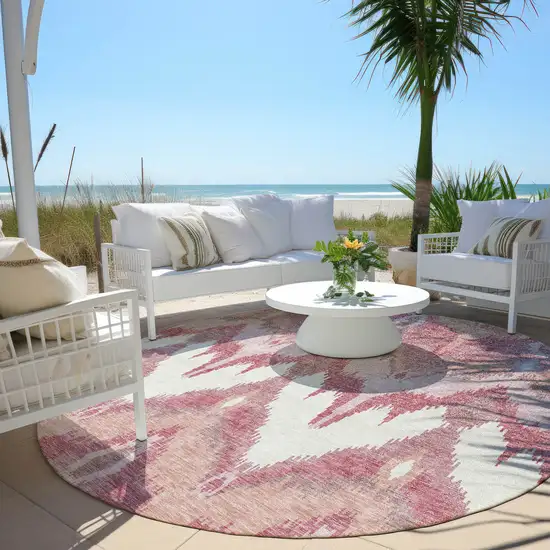 8' Blush Mauve And Ivory Round Ikat Washable Indoor Outdoor Area Rug Photo 7