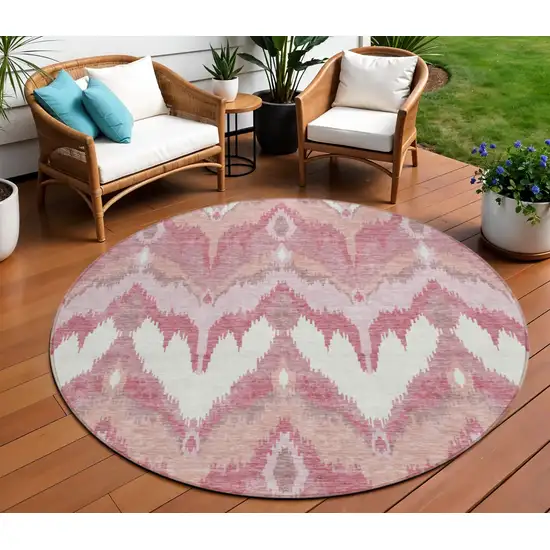 8' Blush Mauve And Ivory Round Ikat Washable Indoor Outdoor Area Rug Photo 1