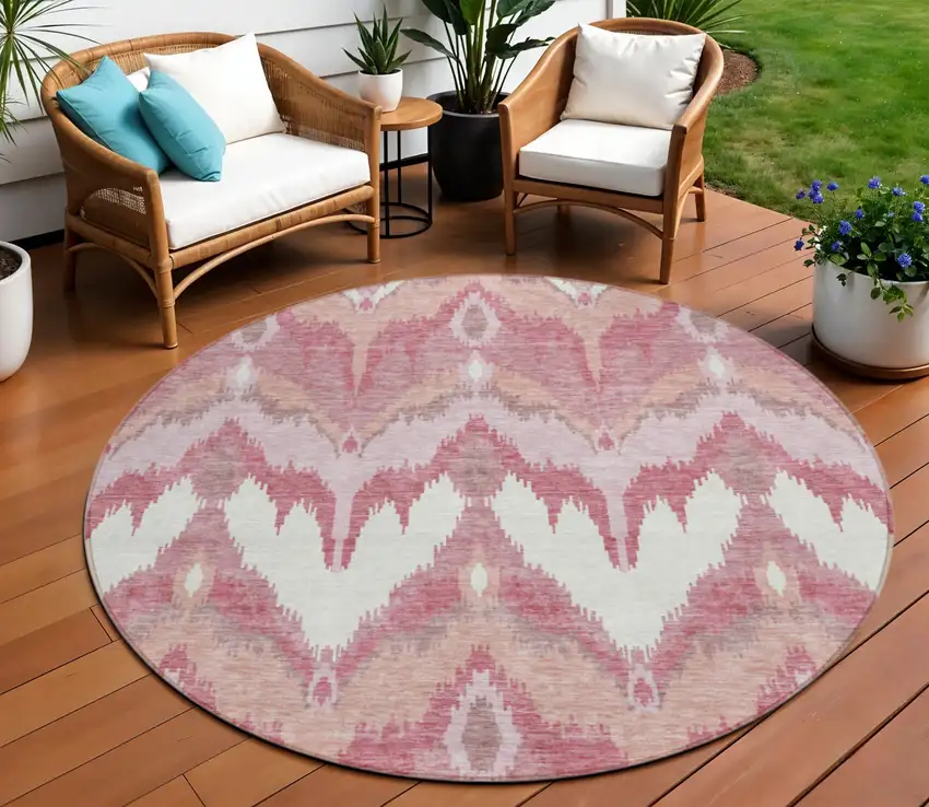 8' Blush Mauve And Ivory Round Ikat Washable Indoor Outdoor Area Rug Photo 1