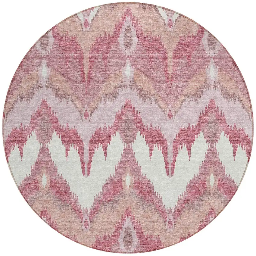 8' Blush Mauve And Ivory Round Ikat Washable Indoor Outdoor Area Rug Photo 5