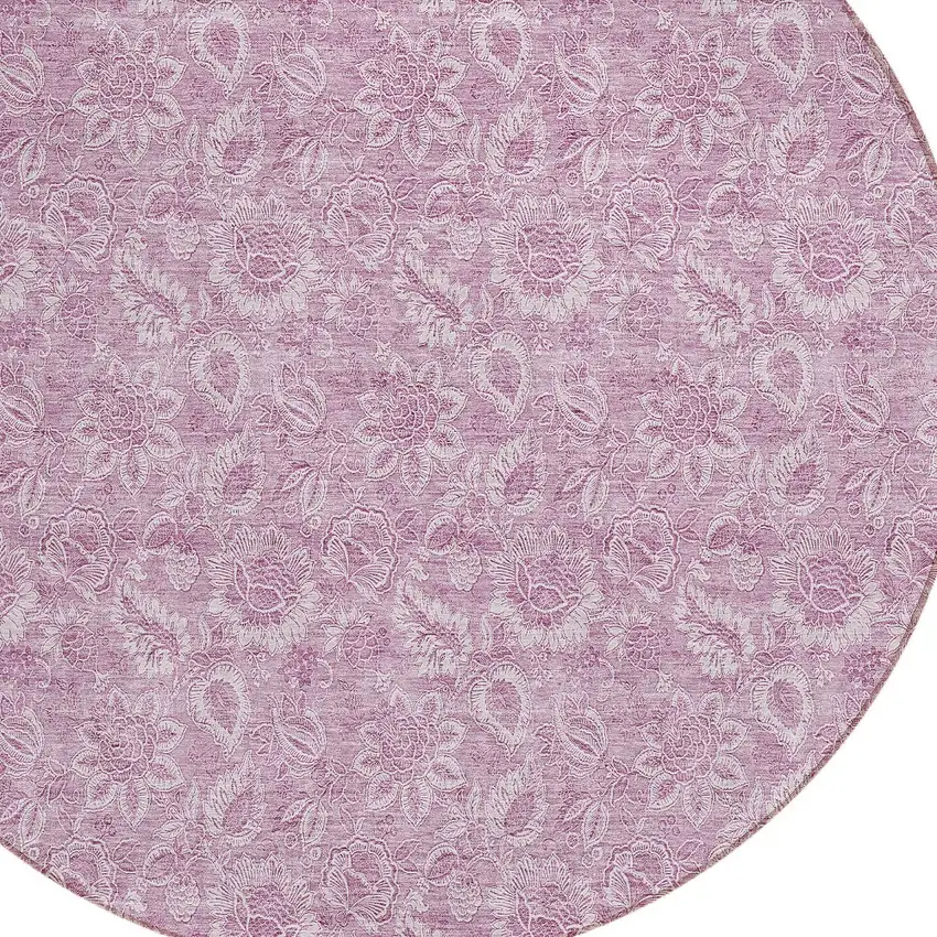 8' Blush Mauve And Pink Round Floral Washable Indoor Outdoor Area Rug Photo 4