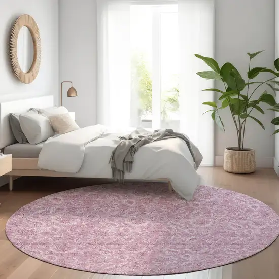 8' Blush Mauve And Pink Round Floral Washable Indoor Outdoor Area Rug Photo 7