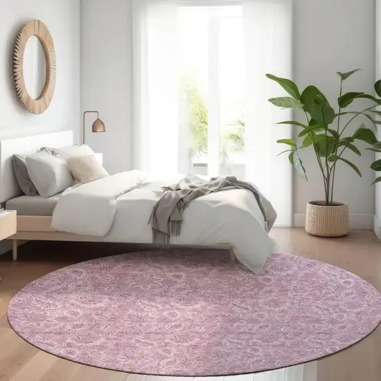 8' Blush Mauve And Pink Round Floral Washable Indoor Outdoor Area Rug Photo 7
