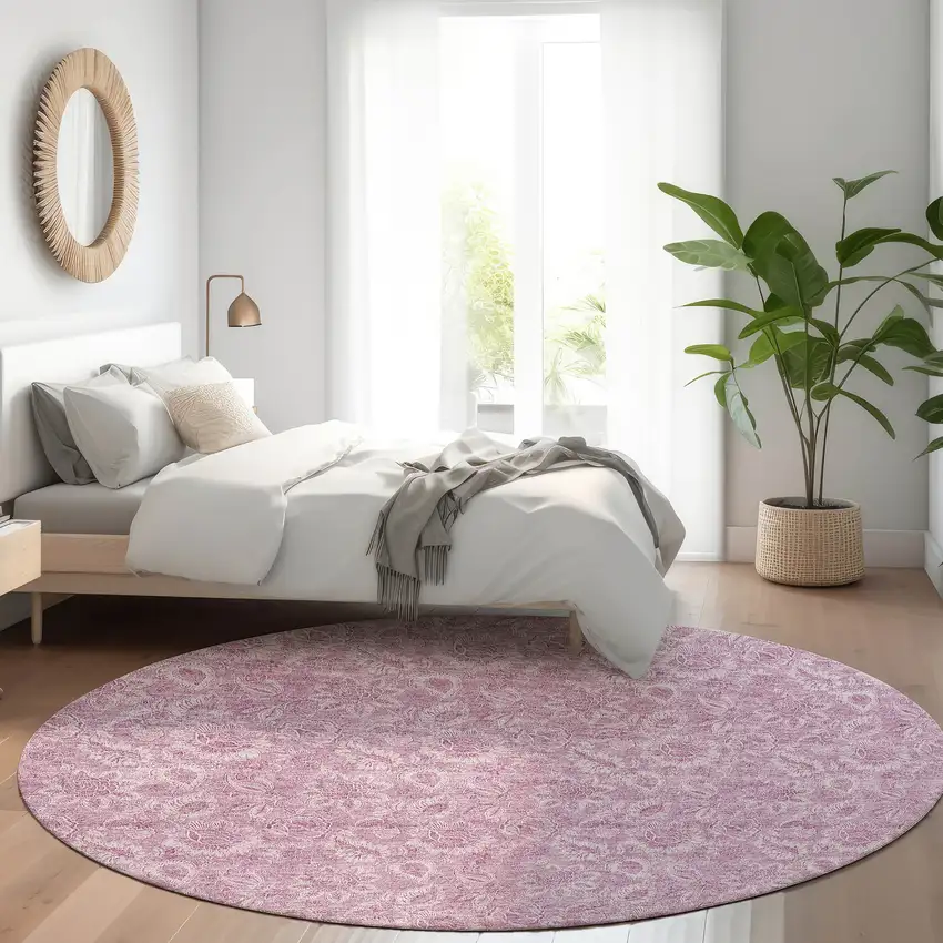 8' Blush Mauve And Pink Round Floral Washable Indoor Outdoor Area Rug Photo 7