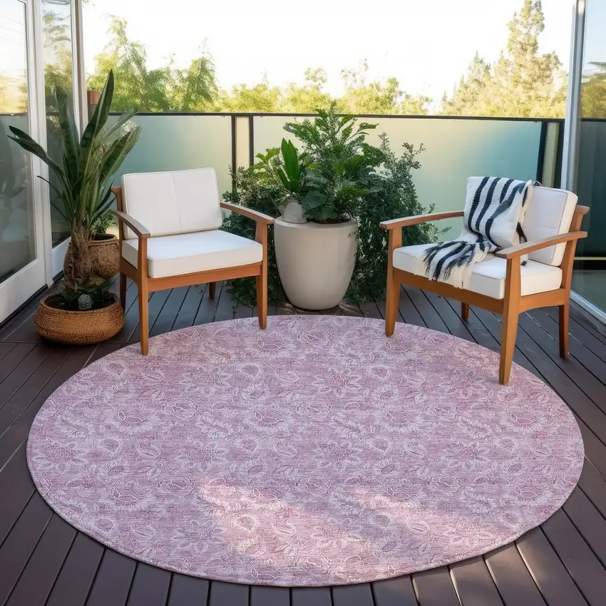 8' Blush Mauve And Pink Round Floral Washable Indoor Outdoor Area Rug Photo 6
