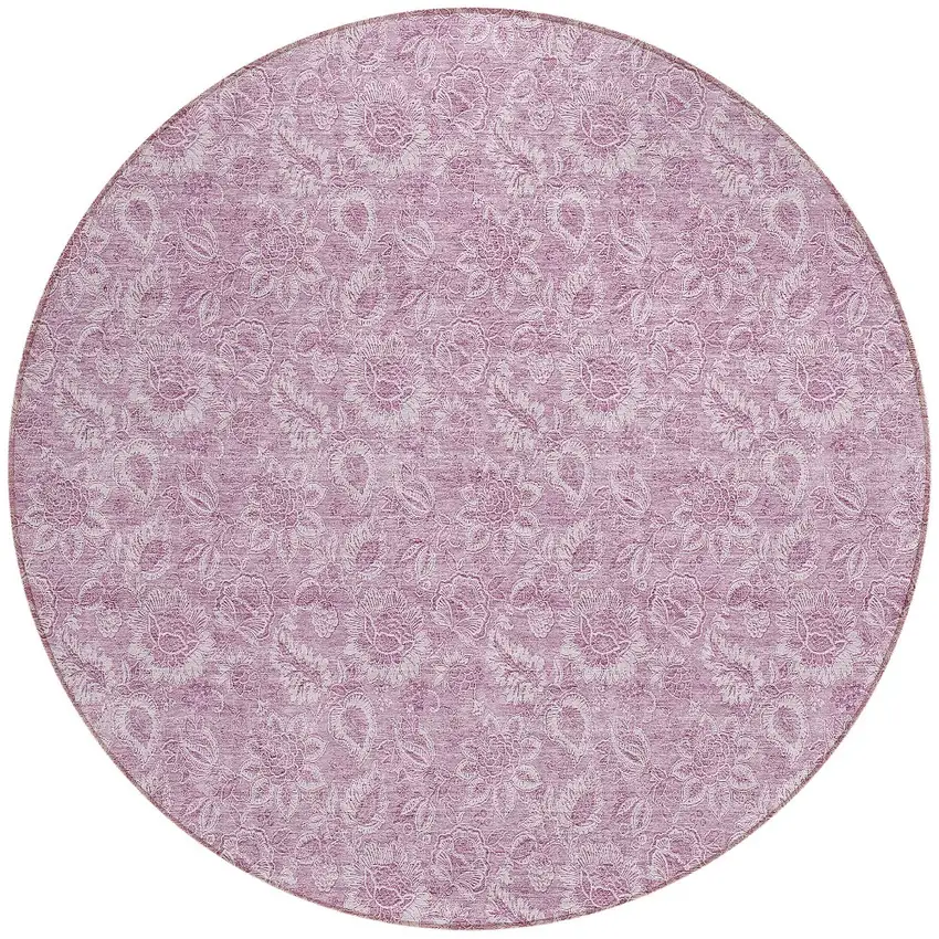 8' Blush Mauve And Pink Round Floral Washable Indoor Outdoor Area Rug Photo 5