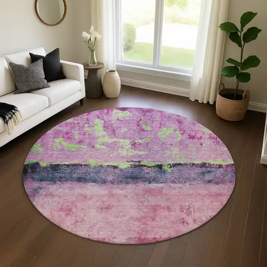 8' Blush Mint Green And Charcoal Abstract Washable Round Rug With UV Protection Photo 4