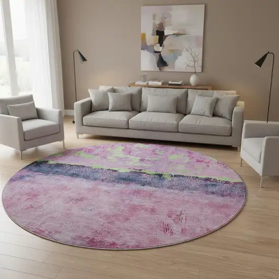 8' Blush Mint Green And Charcoal Abstract Washable Round Rug With UV Protection Photo 2