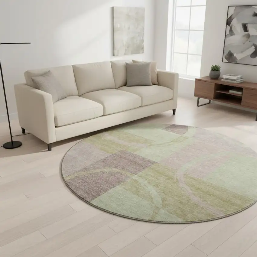 8' Blush Mint Green And Lilac Geometric Washable Round Rug With UV Protection Photo 2