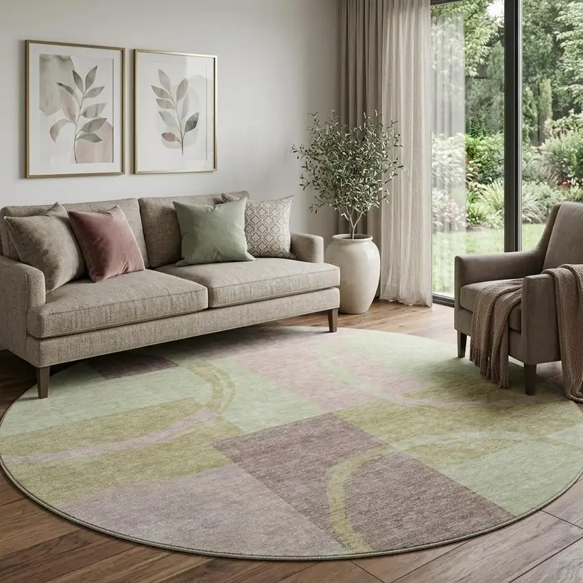 8' Blush Mint Green And Lilac Geometric Washable Round Rug With UV Protection Photo 1