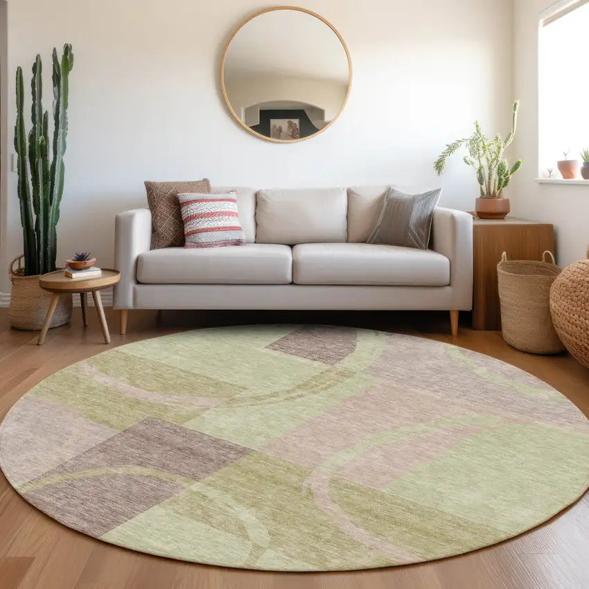 8' Blush Mint Green And Lilac Geometric Washable Round Rug With UV Protection Photo 4