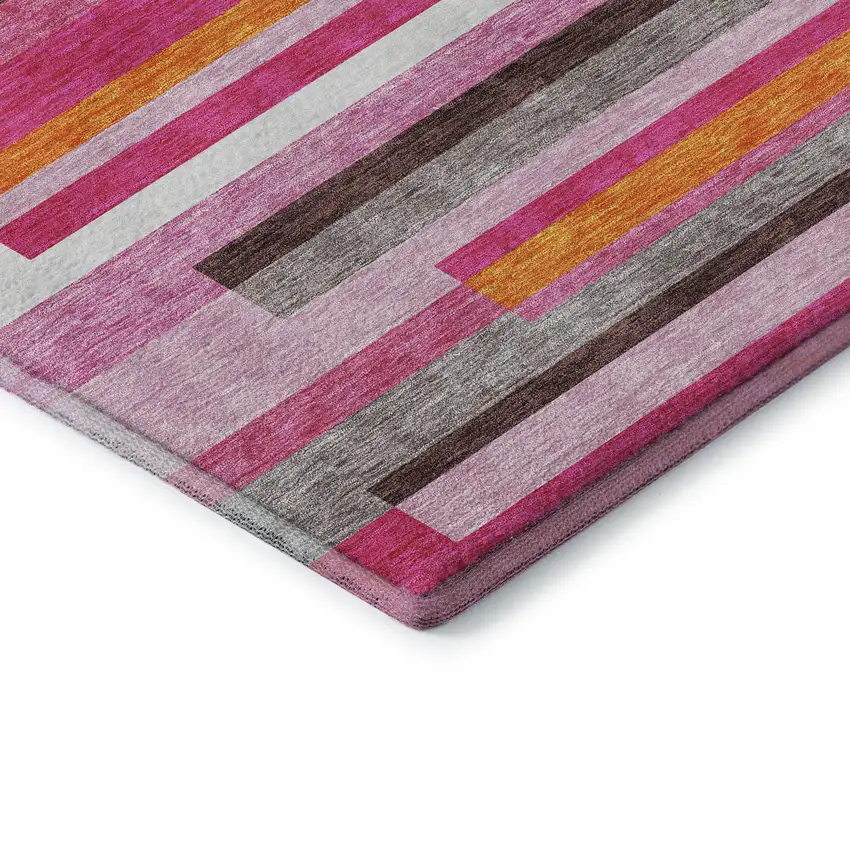 8' Blush Orange And Gray Striped Washable Round Rug With UV Protection Photo 6