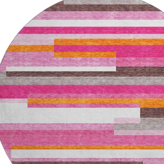 8' Blush Orange And Gray Striped Washable Round Rug With UV Protection Photo 2