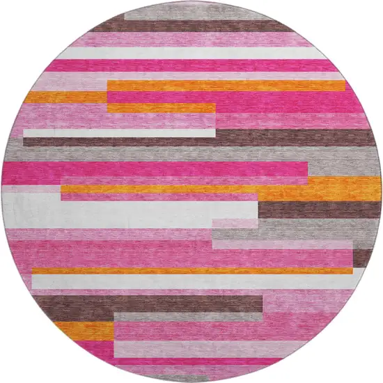 8' Blush Orange And Gray Striped Washable Round Rug With UV Protection Photo 1