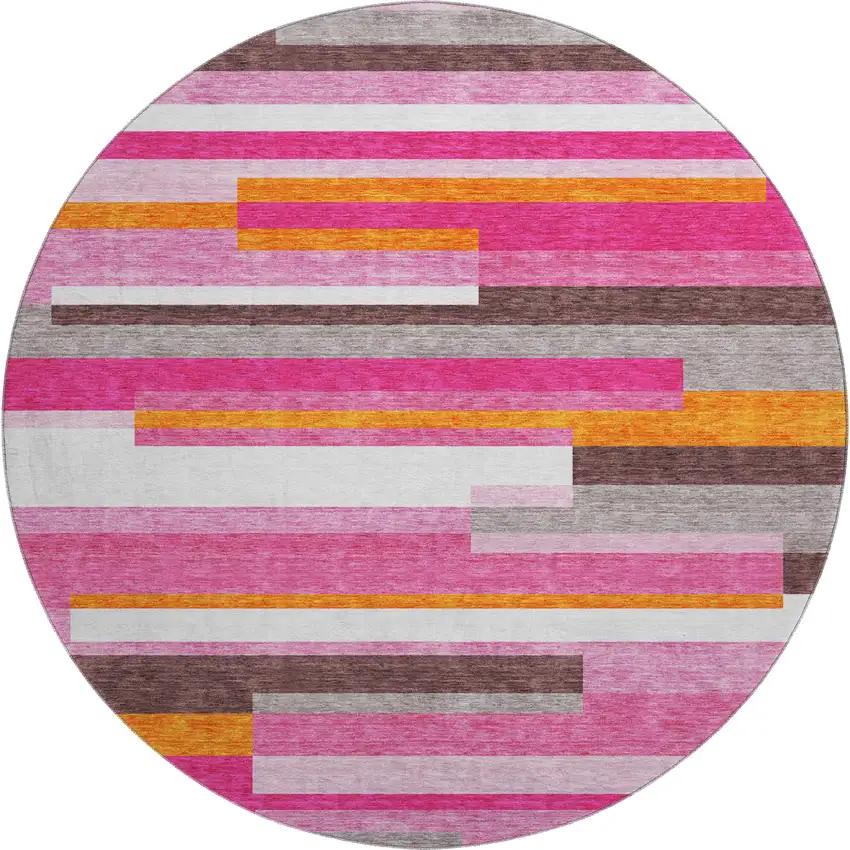8' Blush Orange And Gray Striped Washable Round Rug With UV Protection Photo 1