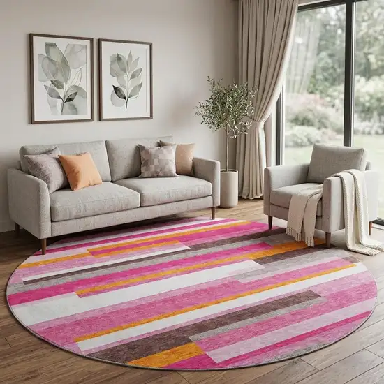 8' Blush Orange And Gray Striped Washable Round Rug With UV Protection Photo 1