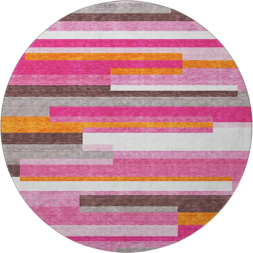 8' Blush Orange And Gray Striped Washable Round Rug With UV Protection Photo 3
