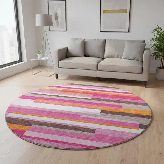 8' Blush Orange And Gray Striped Washable Round Rug With UV Protection Photo 2